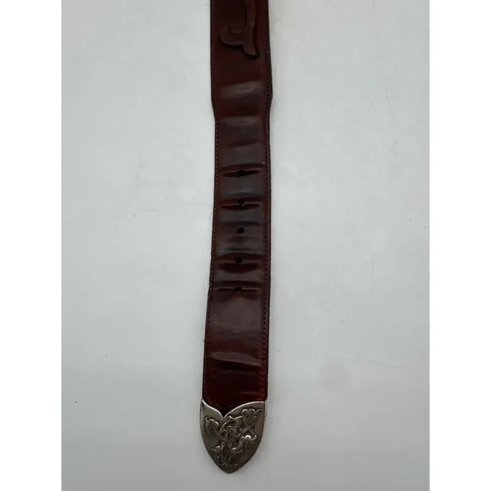 Brighton Embossed Genuine Brown Leather Belt Silver 1993 Buckle 28.5”  USA Made‎
